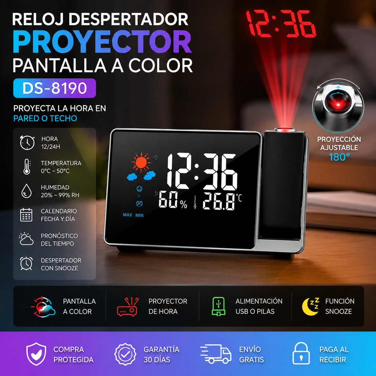 Reloj Despertador Digital con Proyector y Estación Meteorológica